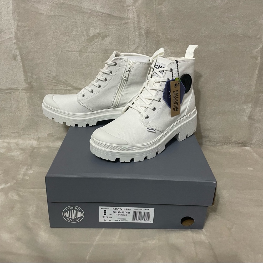 Palladium Womens Pallabase Twill White Canvas Heel Combat Boot 8‎